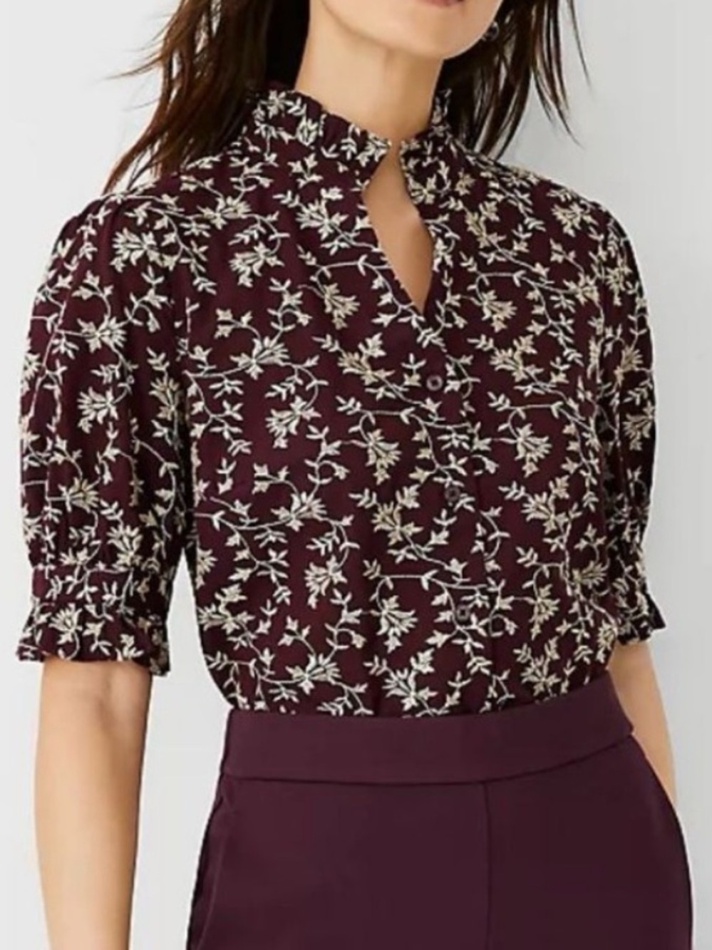 Ann Taylor Plum Floral Notch-Neck Blouse